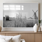 Vintage Farmhouse Black and White Triptych Wall Art, Giclee Canvas with Wheat Fields, Hay Bales and Windmill