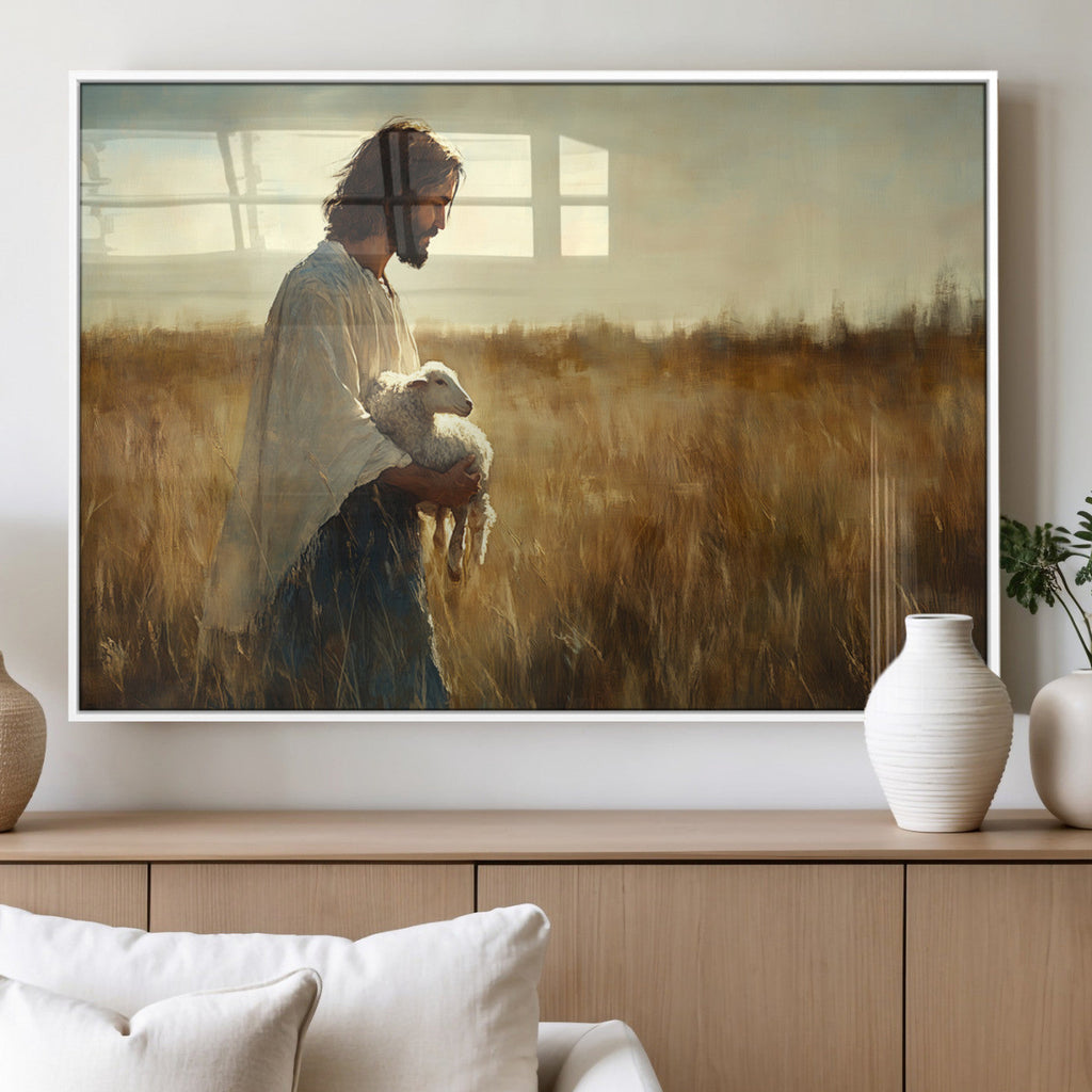 Jesus the Good Shepherd Wall Art Canvas Print, Inspirational Christian Religious Print for Prayer Room