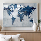 Modern Blue World Map Canvas Print | Elegant Travel Map Wall Art for Home Office