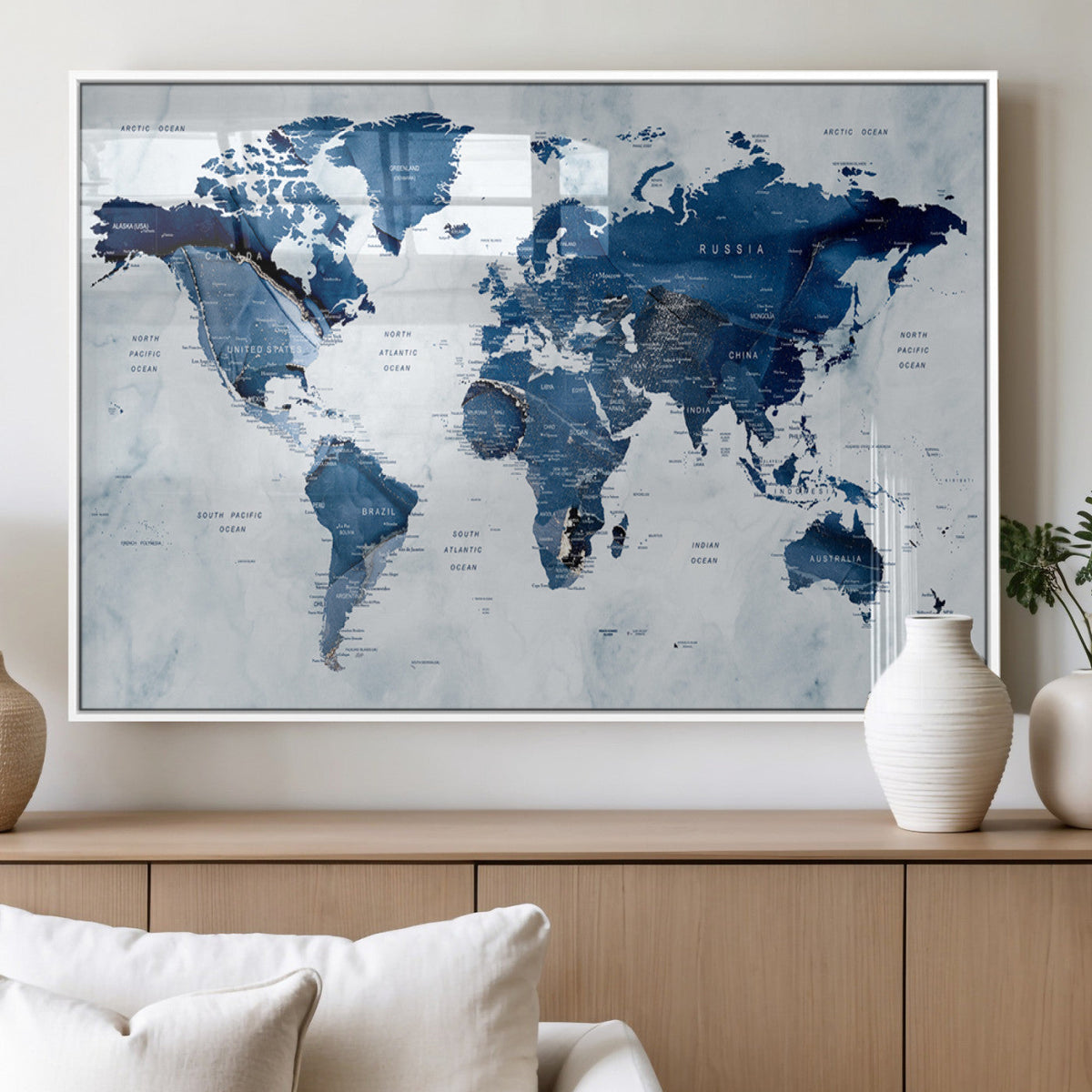 Modern Blue World Map Canvas Print | Elegant Travel Map Wall Art for Home Office