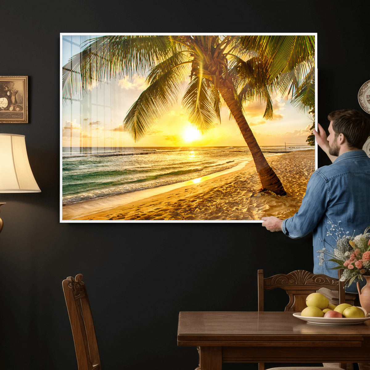 Beach Sunset Canvas Wall Art Print - Tropical Beach Canvas With Palm Trees
