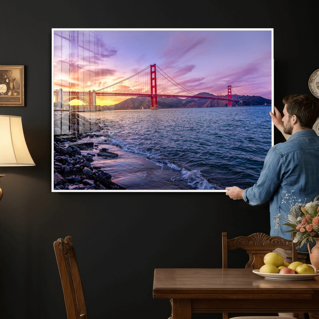 Golden Gate Bridge Wall Art Canvas Print, Framed San Francisco Sunset Landmark