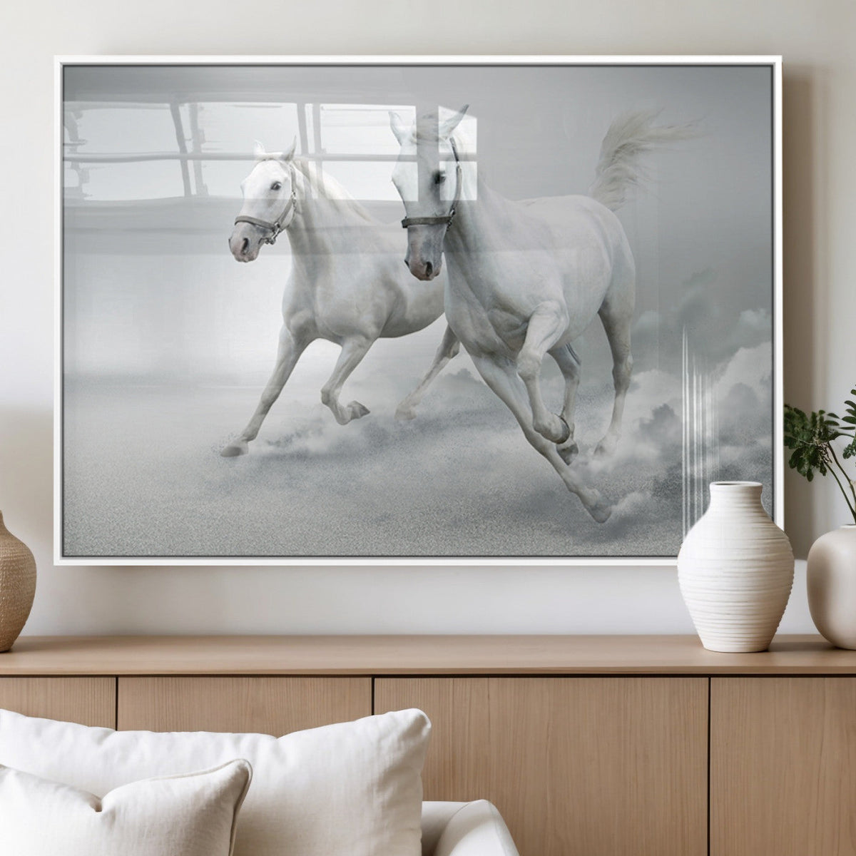 Large Wall Art Canvas Print, Beautiful Running White Horses
