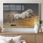 Large Wall Art Canvas Print, White Jumping Horse at Sunset