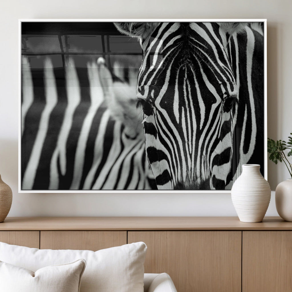 Zebra Wall Art | Zebra Close Up Canvas Print | Framed Black and White Wildlife