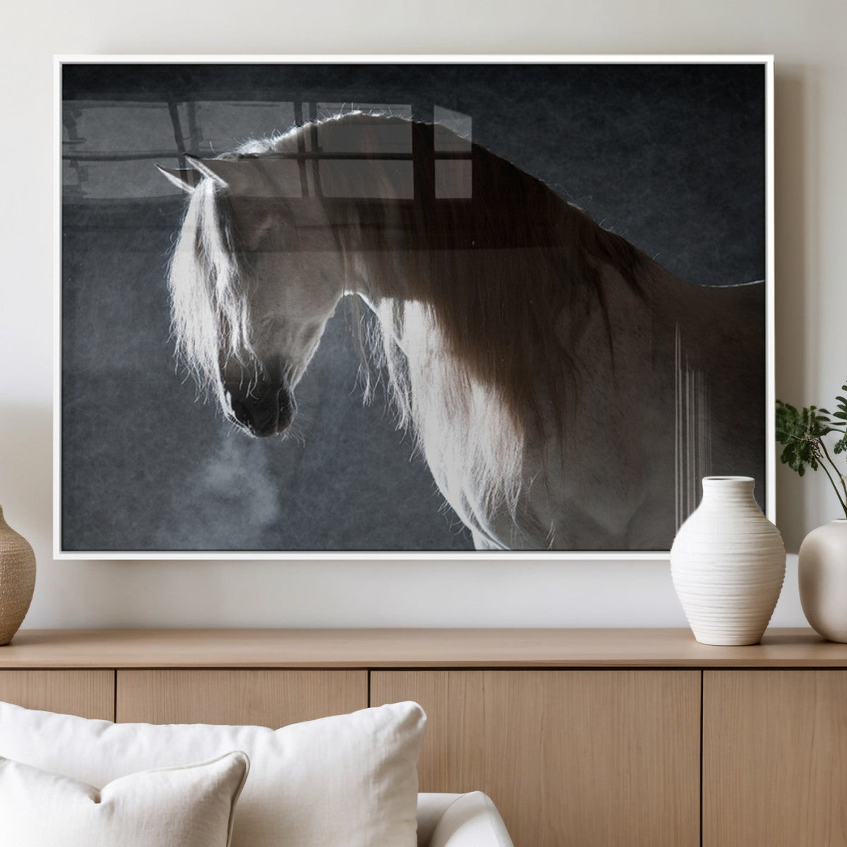 Large Wall Art Cream Colored Horse on Grey Background Canvas