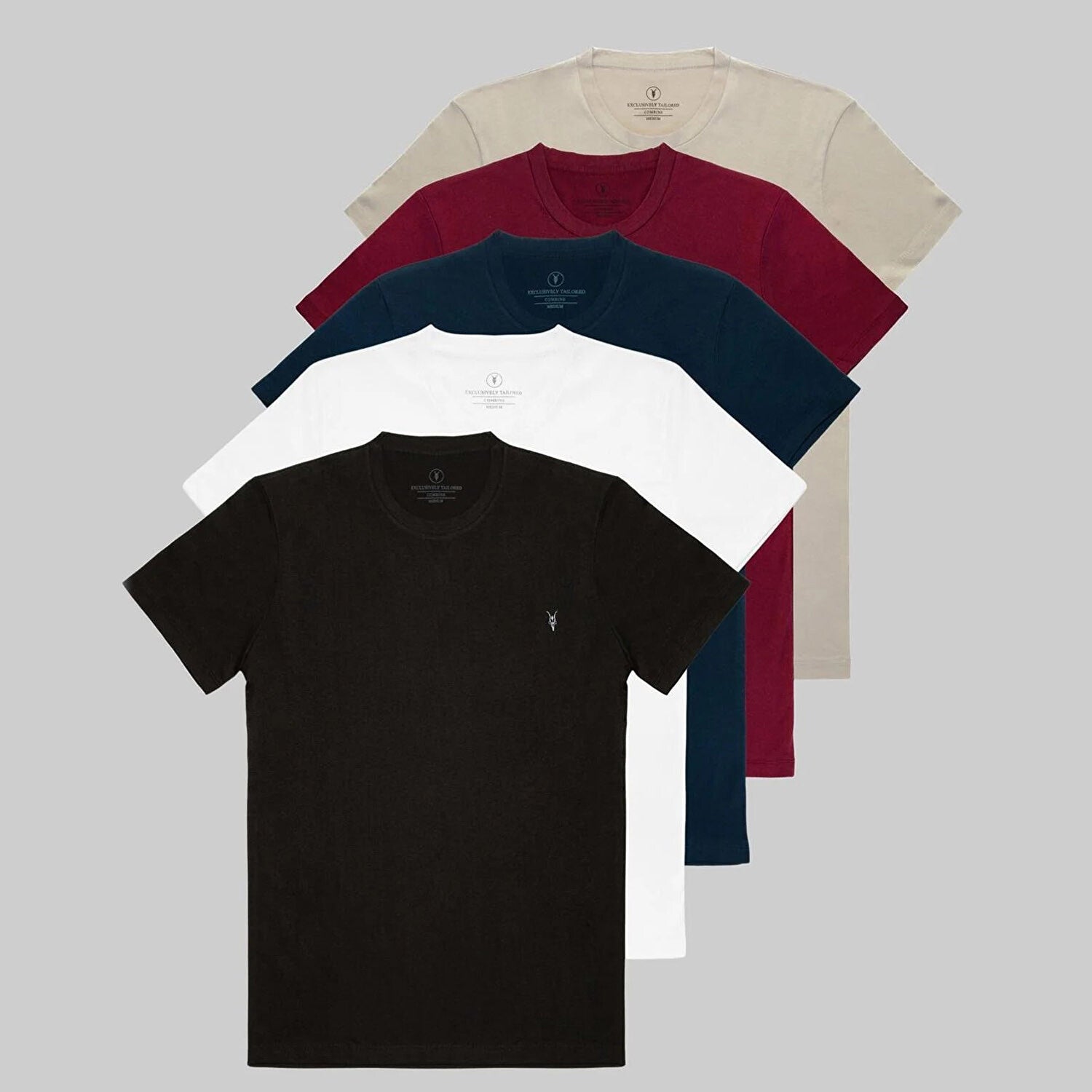 Set of 5 // Crewneck Regular Fit T-Shirts // Beige + Burgundy + Navy + White + Black