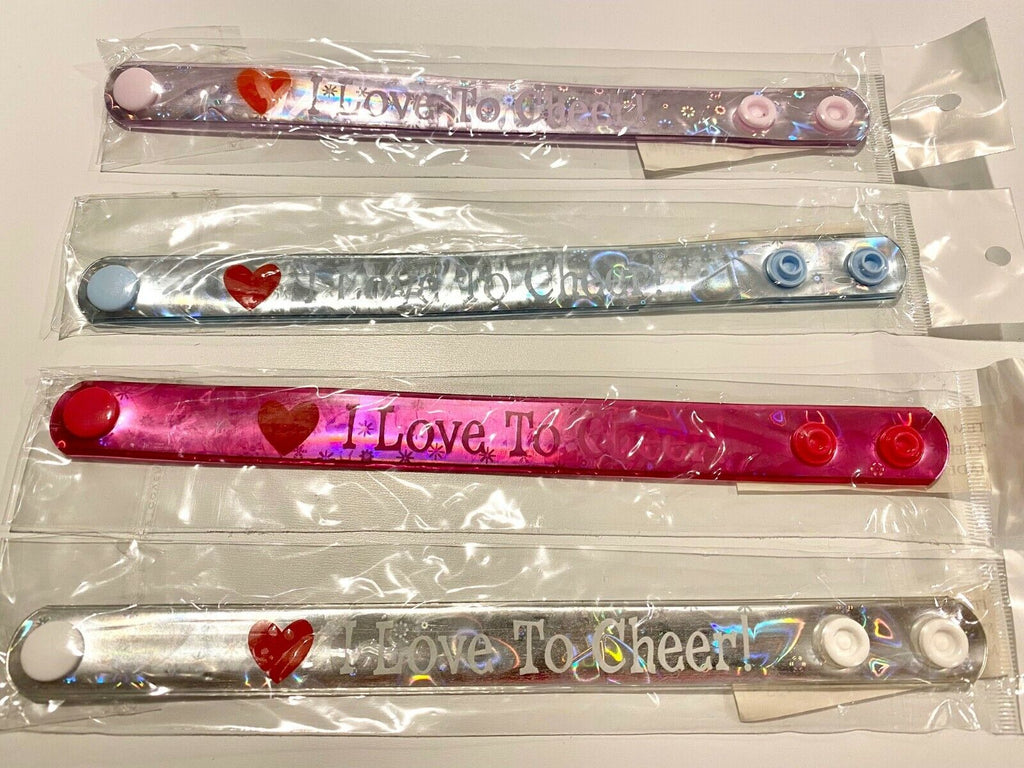 📣 50-Pack “I Love to Cheer!” Metallic Snap Bracelets – Kids Party Favor Lot