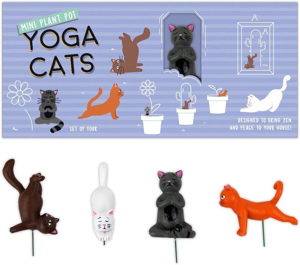 4-pk Mini Plant Pot Yoga Cat Statues - Cute Garden Planter Marker Decorations