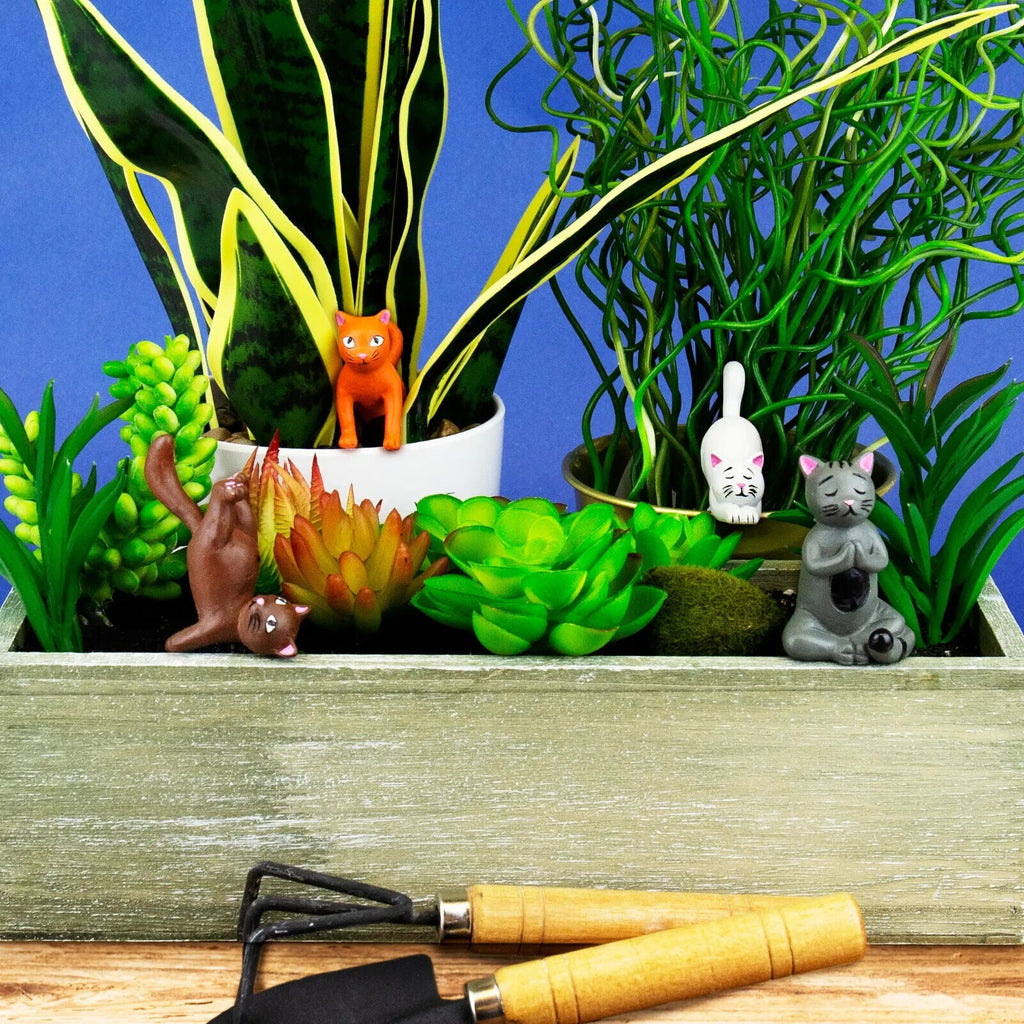 4-pk Mini Plant Pot Yoga Cat Statues - Cute Garden Planter Marker Decorations