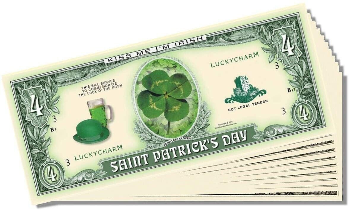100-Pack Lucky Irish $4 Bills – High-Quality Novelty Money for Parties, Tips & St. Patrick’s Day 🍀💵