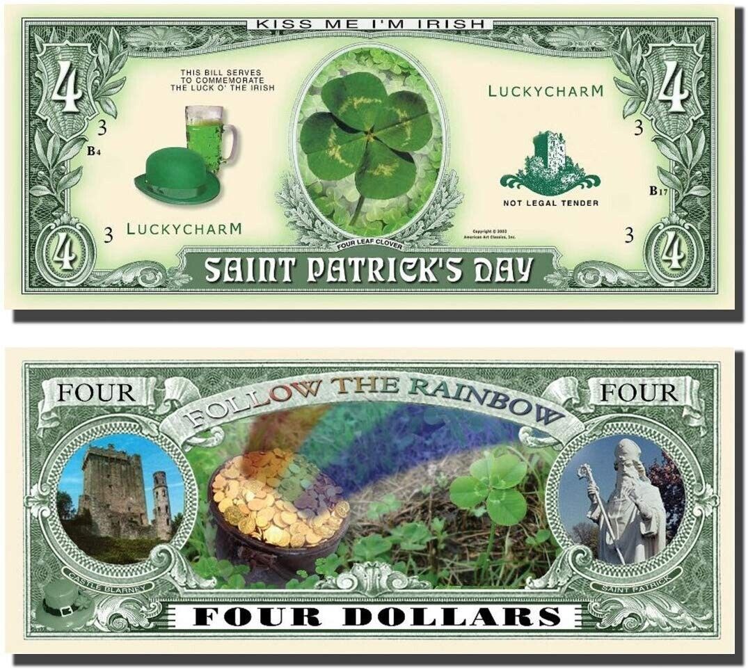 10-Pack Lucky Irish Clover $4 Bills – Premium Novelty Money for Gags, Gifts & Good Luck! ☘️💵