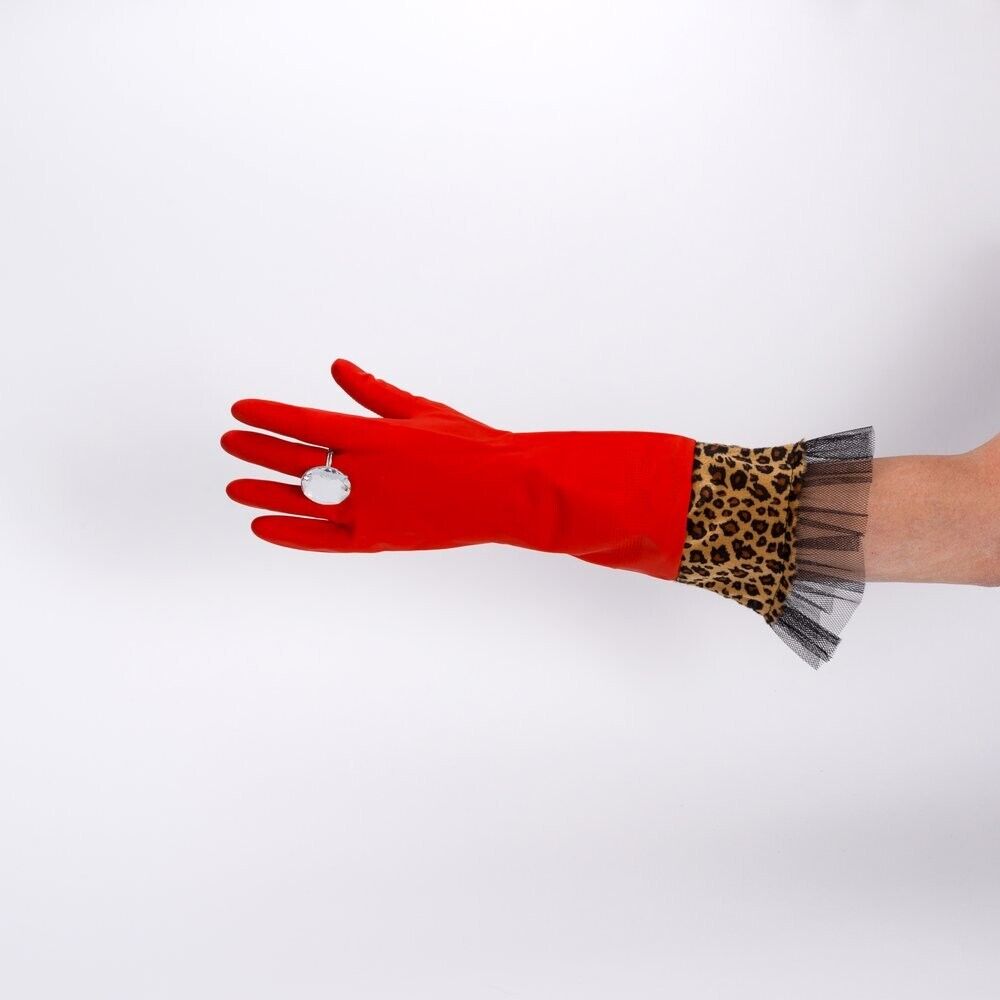 💅 Red Leopard Glam Gloves – With Giant Bling Ring
