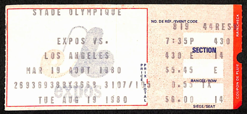 August 19, 1980 Los Angeles Dodgers vs. Montreal Expos Ticket Stub189893