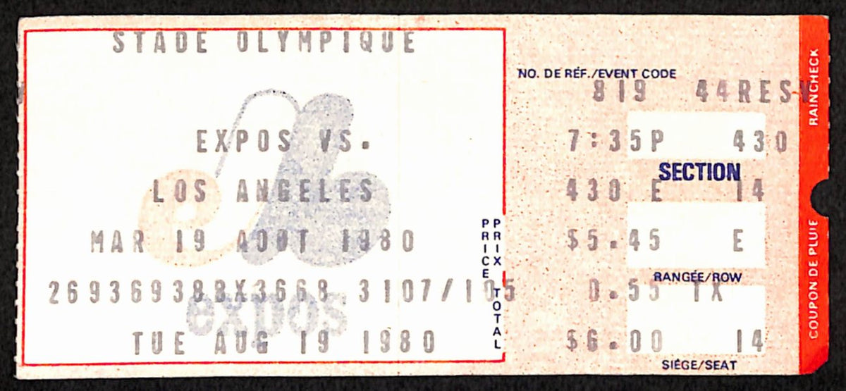 August 19, 1980 Los Angeles Dodgers vs. Montreal Expos Ticket Stub189893