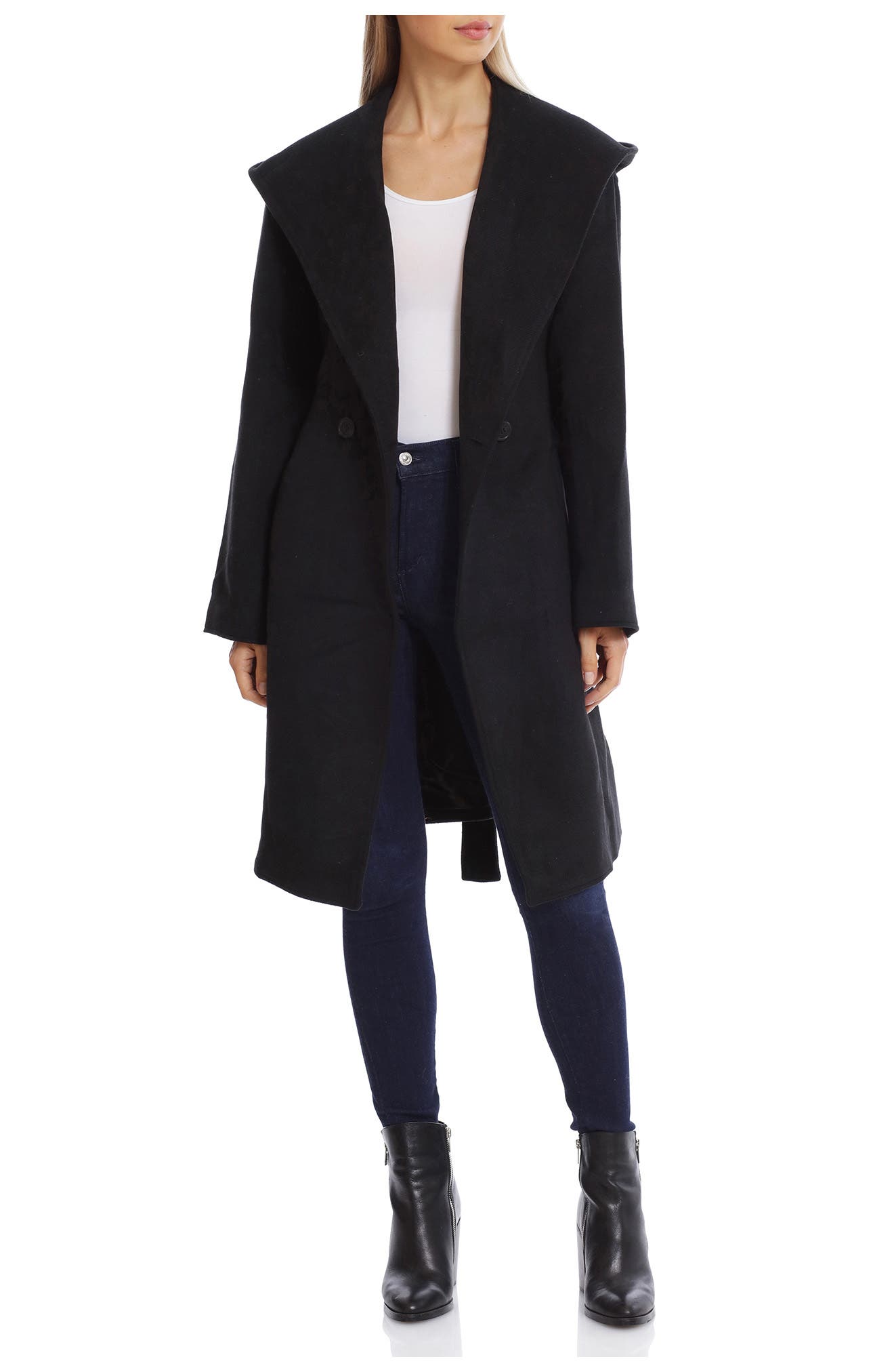 Womens Double Breasted Belted Twill Coat with Hood