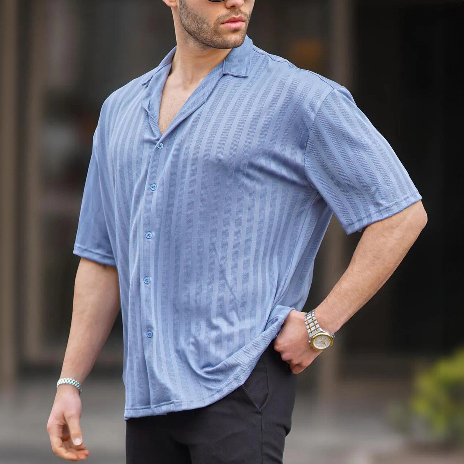 Striped Short Sleeve Oversize Button Up // Indigo