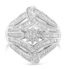 .925 Sterling Silver 1-1/8 Cttw Round & Baguette Diamond 'Flower & Fern' Cluster Cocktail Fashion Ring (I-J Color, I2-I3 Clarity) - Size 6