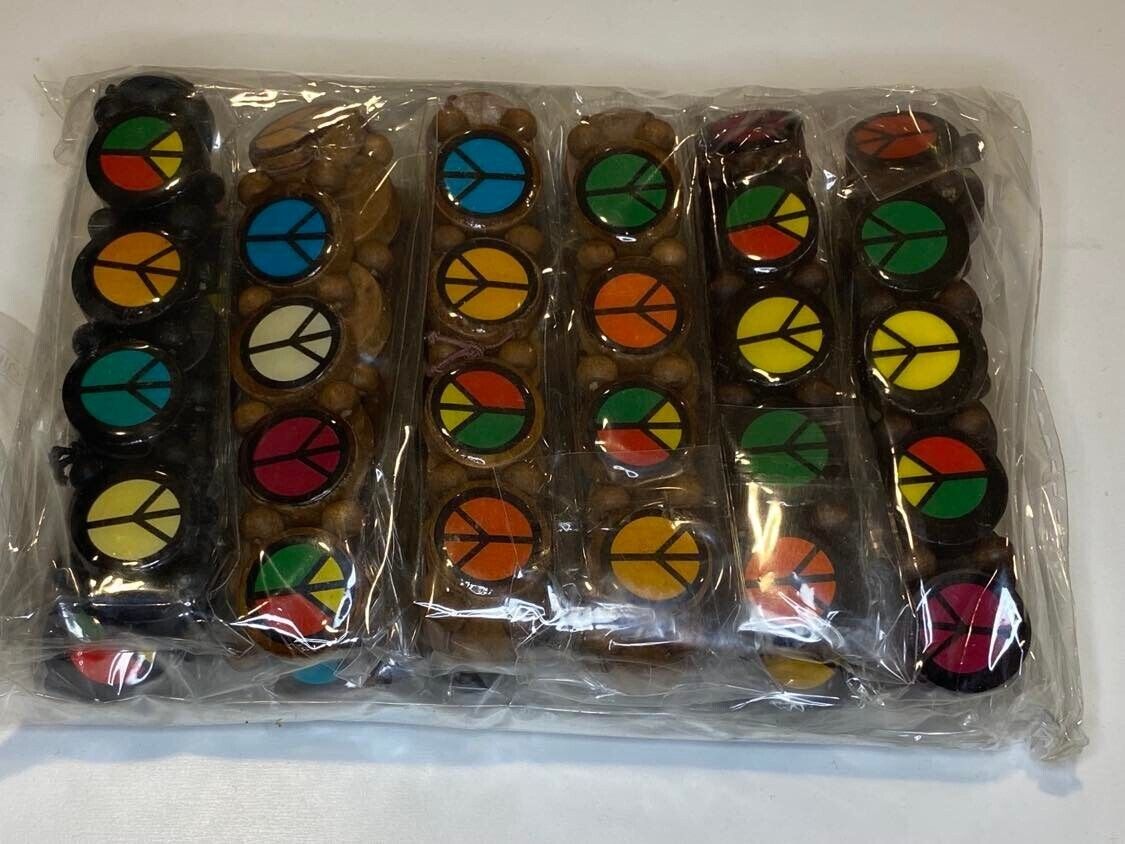 12-Pack Wood Peace Sign Bracelets – Adjustable, Reversible, & Retro Cool ✌️🪵🧑‍🎤