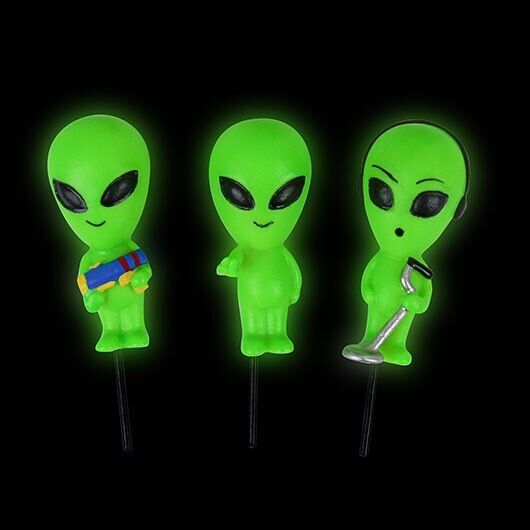 3pk Alien Statues Mini Plant Pot "Glow in Dark" Planter Decoration Markers