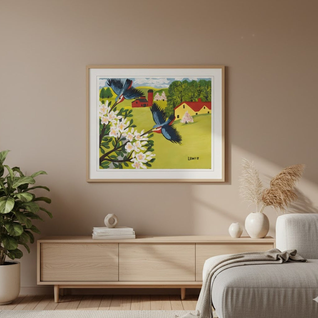 "Hummingbirds" Framed Folk Art Painting Print By Maud Lewis