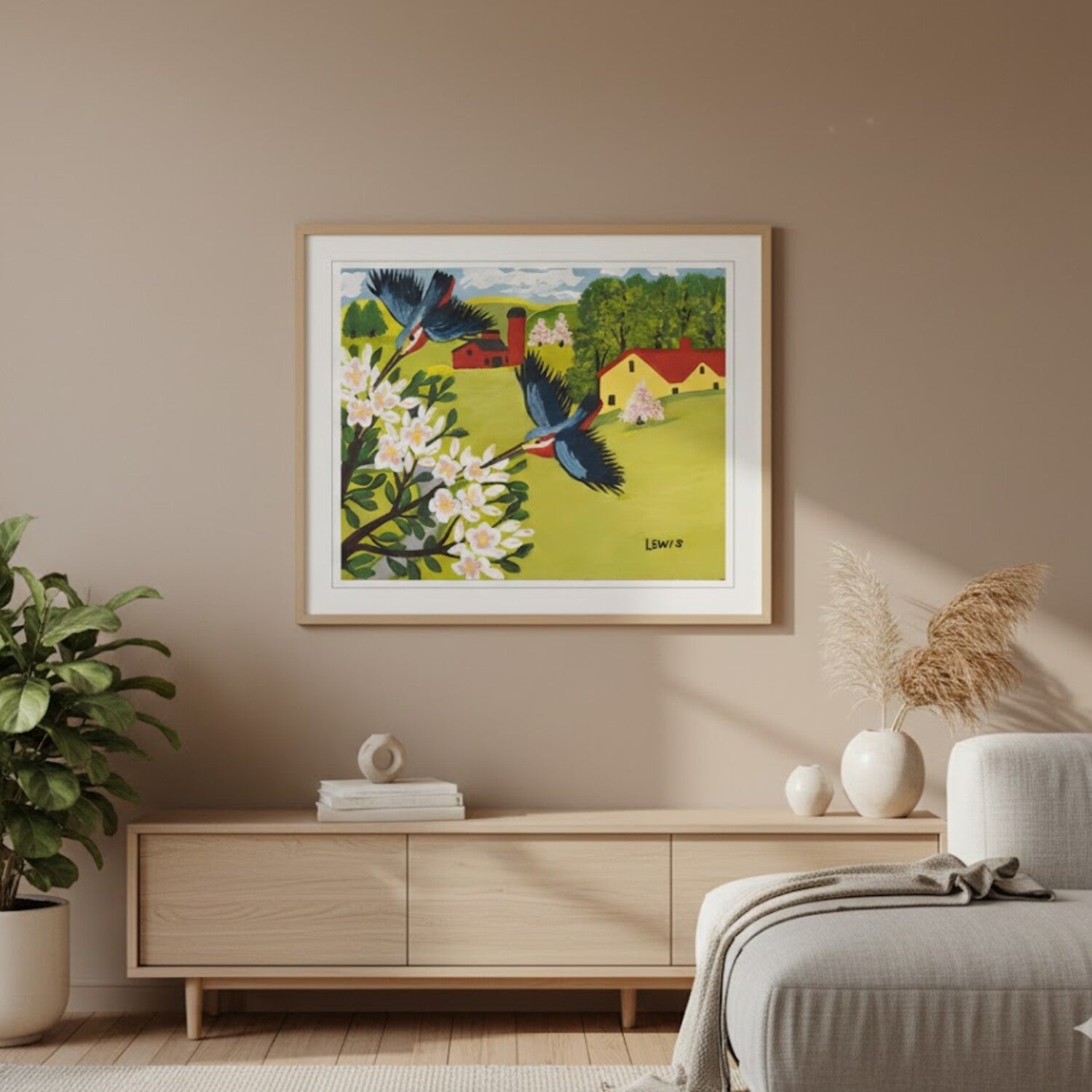 "Hummingbirds" Framed Folk Art Painting Print By Maud Lewis