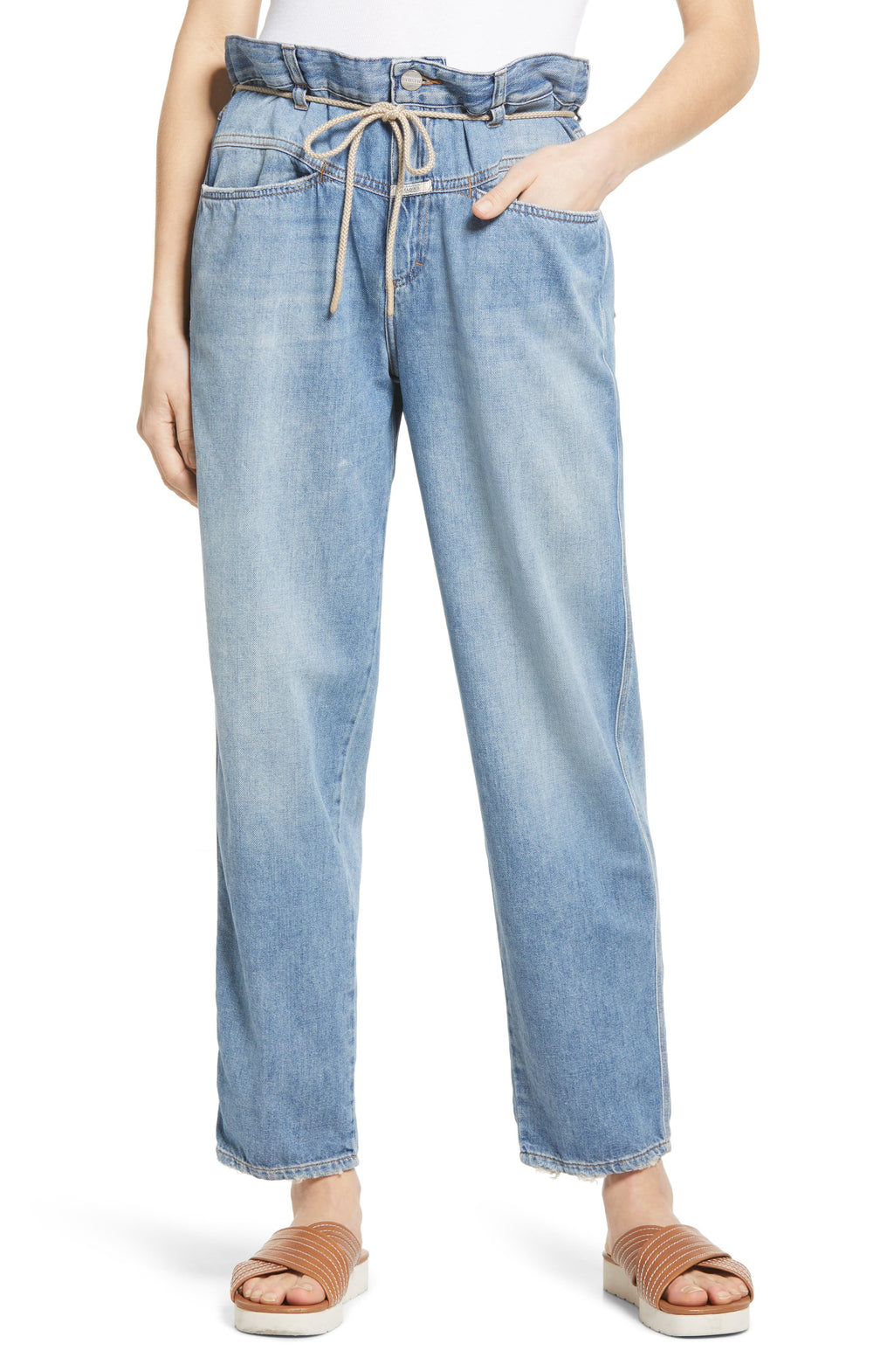 Closed Anni Paperbag High Waist Straight Leg Jeans in Mid Blue, Size 27