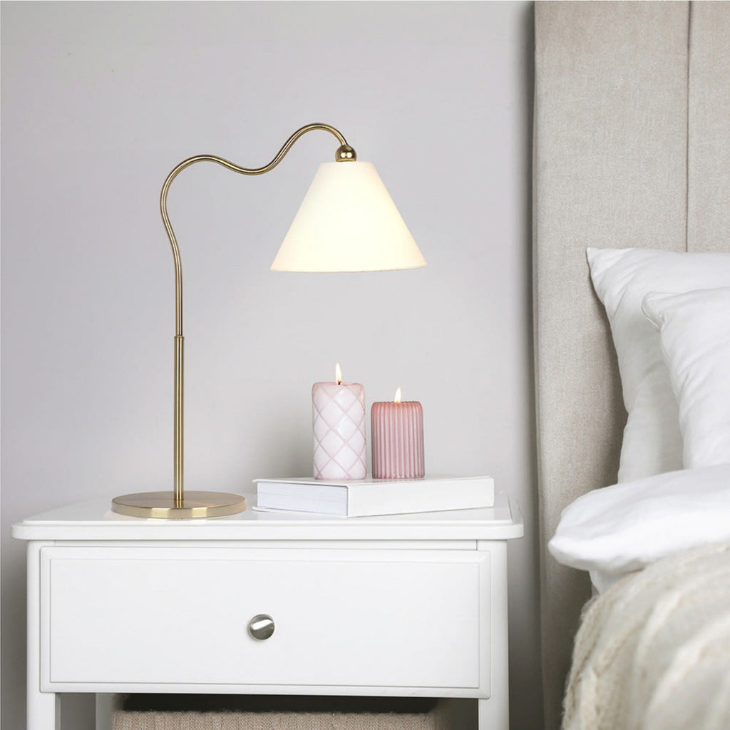 Ornate - Ring Base Curved Table Lamp With Triangle Drum - Gold / White