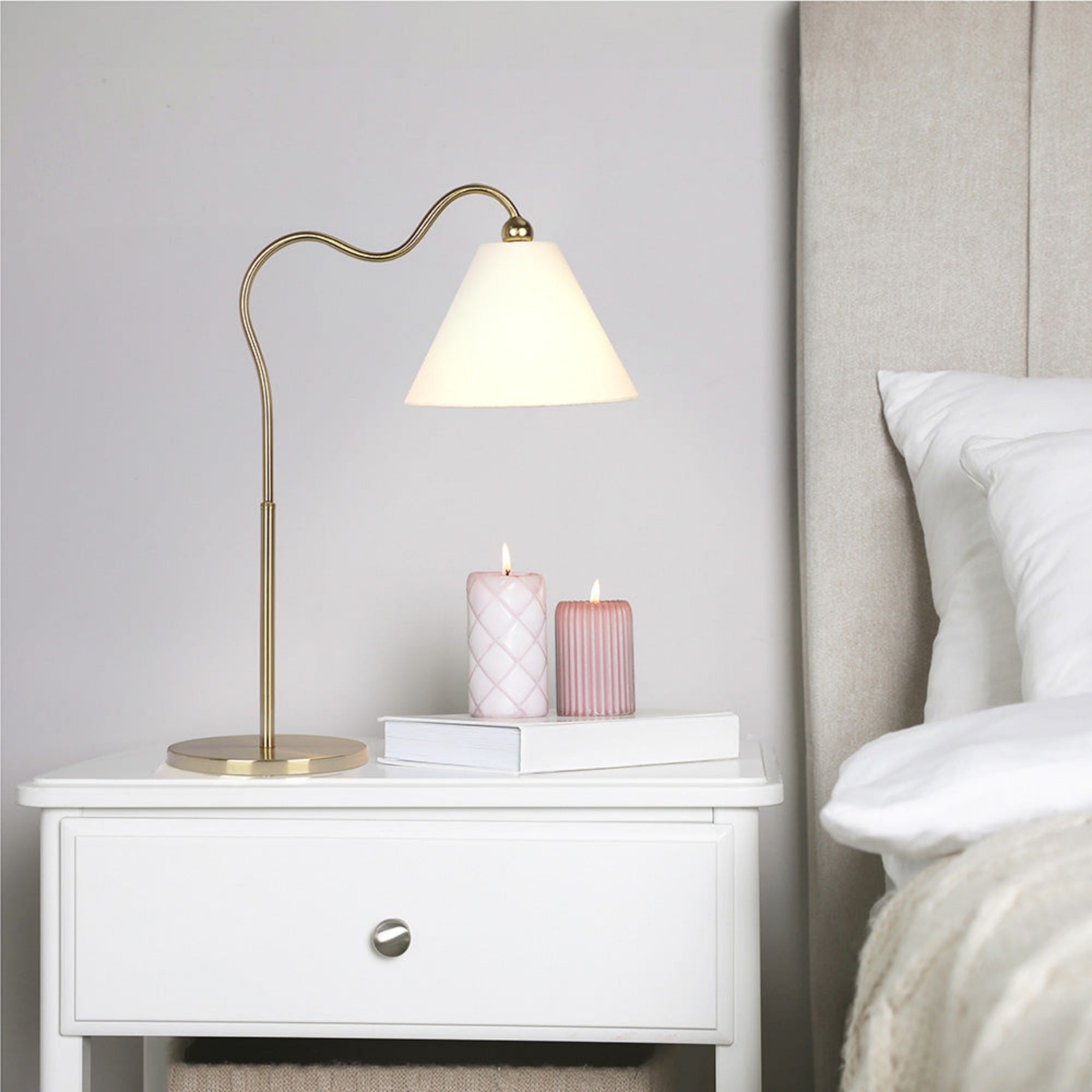 Ornate - Ring Base Curved Table Lamp With Triangle Drum - Gold / White