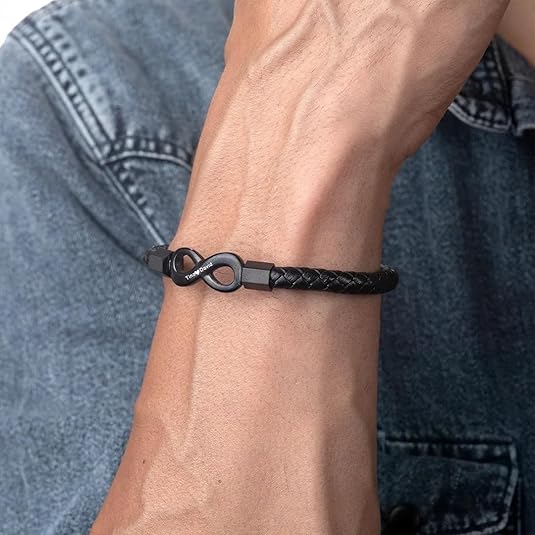 Personalized Leather Infinity Bracelet – Custom Engraved Braided Wristband Gift