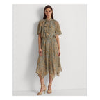 Lauren Ralph Lauren Light Blue Paisley Tie Neck Midi Dress