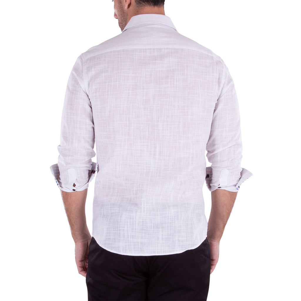 Linen Texture Contrast Cuff Long Sleeve Button-Up Shirt // White