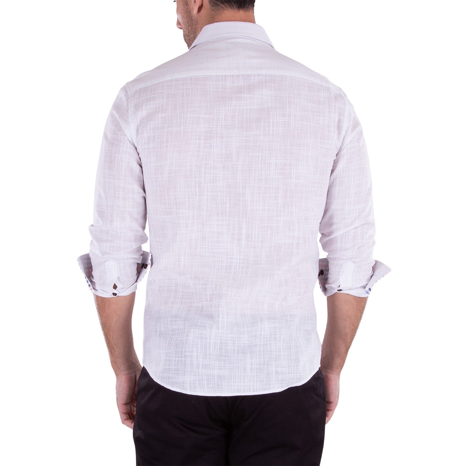 Linen Texture Contrast Cuff Long Sleeve Button-Up Shirt // White
