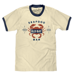 Old Bay Seafood Bar Lobster Logo Ringer T-Shirt - Beige and Navy