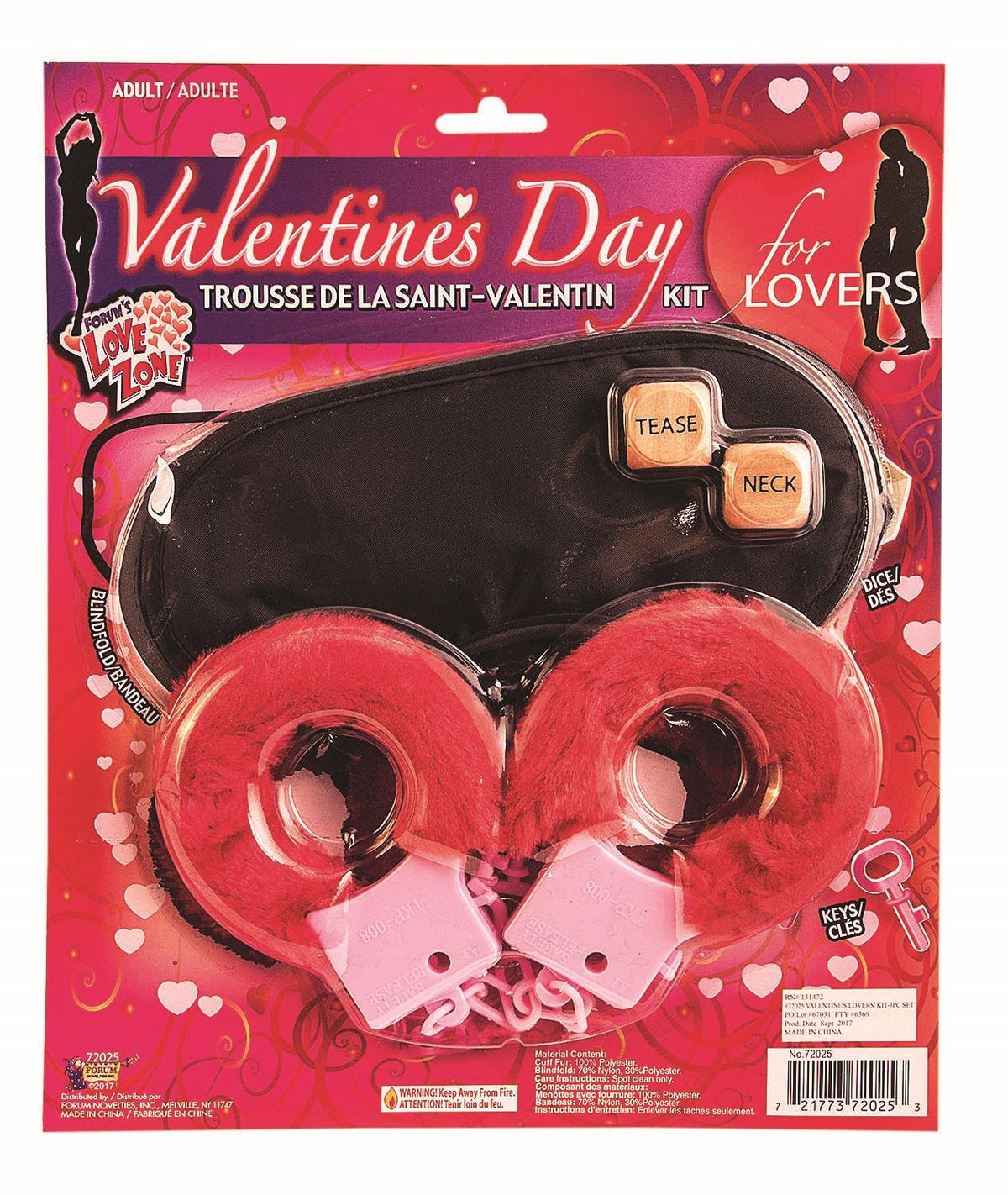 Valentine's Day 3 Piece Lovers Kit Red Handcuffs Blindfold DIce
