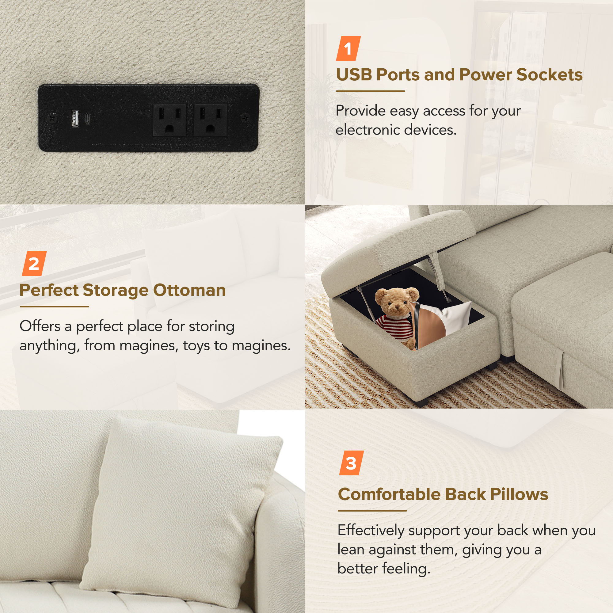 L-Shaped Sectional Pull Out Sofa Bed Sleeper Sofa With Two USB Ports
