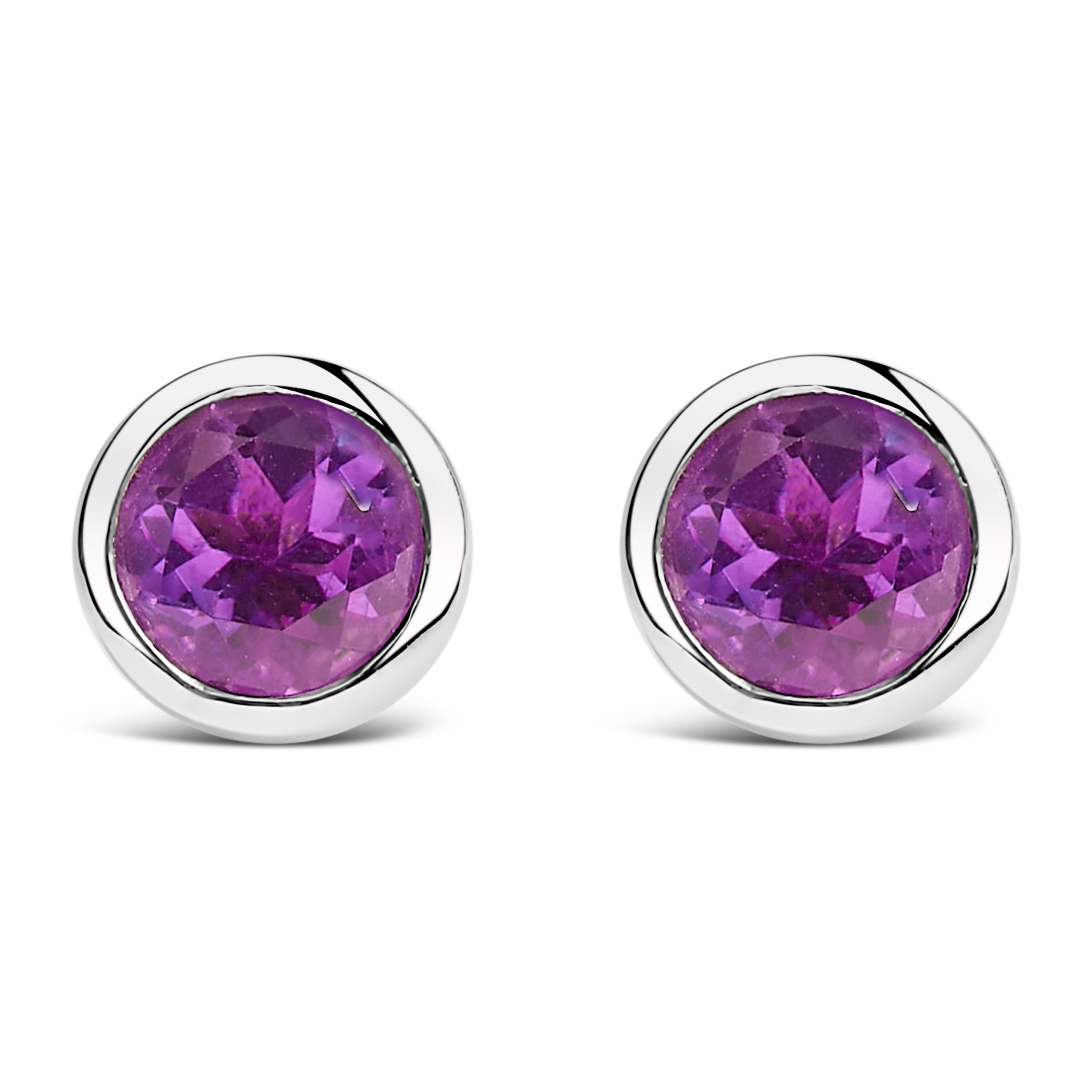 .925 Sterling Silver 6MM Bezel Set Created Purple Amethyst Solitaire Stud Earrings