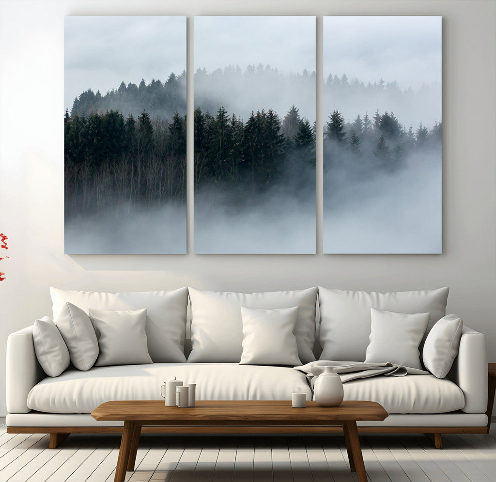 Autumn and Misty Trees in the Forest Wall Art Canvas Print, Foggy Forest Mountain Wall Art