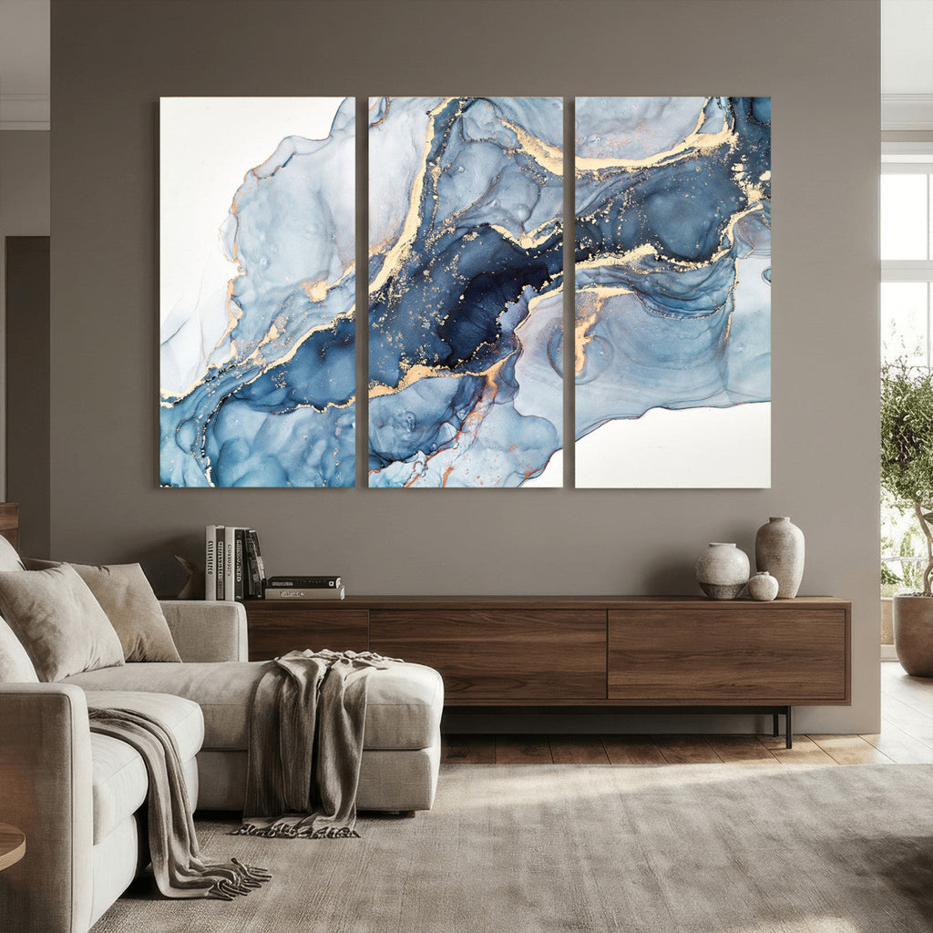 Blue Abstract Canvas Wall Art Print | Fluid Marble Effect Abstract Art