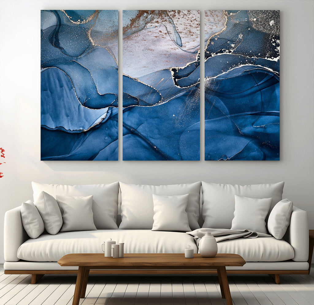 Navy Blue Canvas Art Abstract Print | Elegant Triptych Modern Art