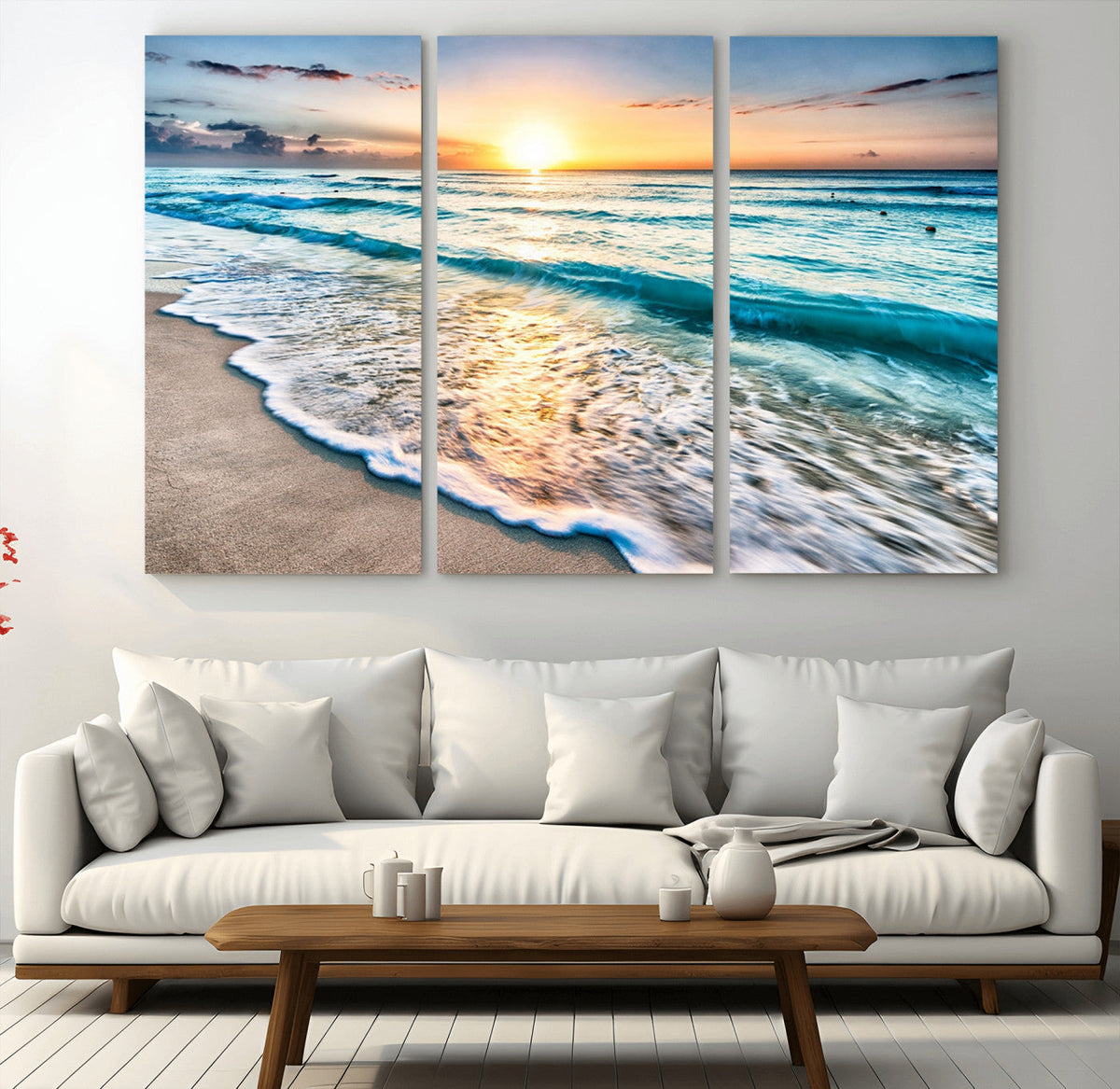 Sunset Beach Waves Canvas Wall Art | Ocean Sunset Coastal Print