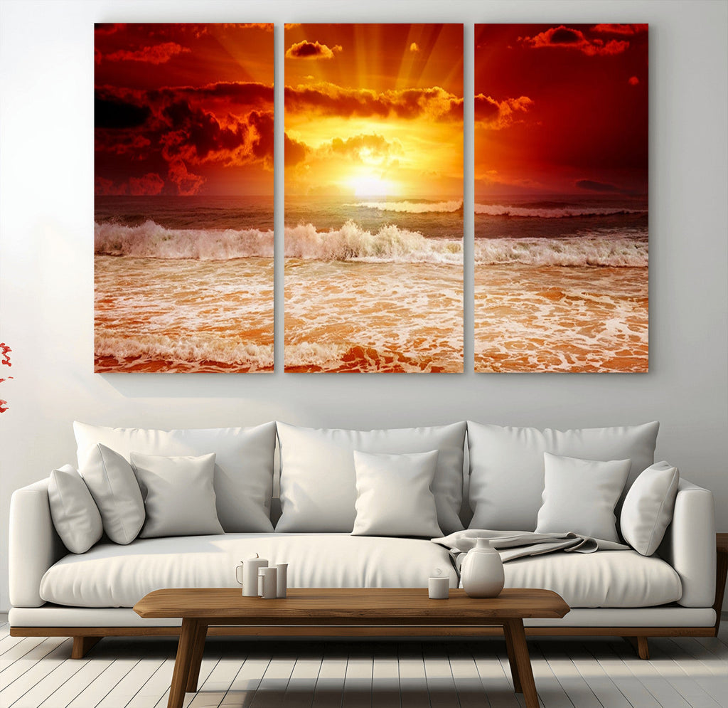 Red Sunset Ocean Beach Canvas Wall Art, Coastal Sunset Print