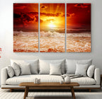 Red Sunset Ocean Beach Canvas Wall Art, Coastal Sunset Print