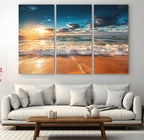 Golden Sunset Beach Triptych Canvas Art, Giclee Coastal Wall Decor, Ocean Waves Print
