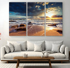 Golden Hour Beach Sunset Canvas Triptych, Ocean Waves and Rocks Wall Art