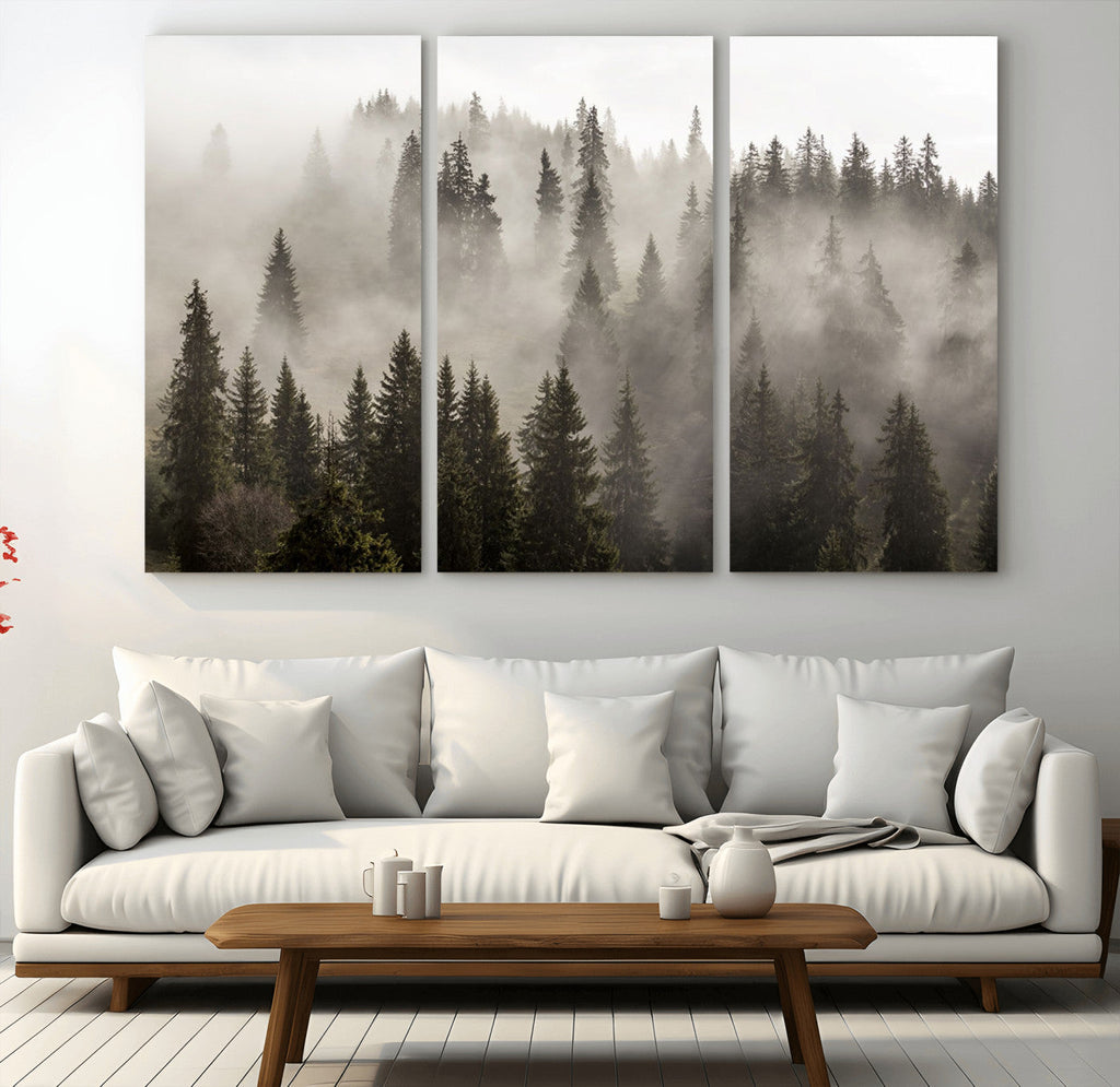 Foggy Mountain Wall Art | 3-Panel Foggy Forest and Mountain Landscape Canvas Print