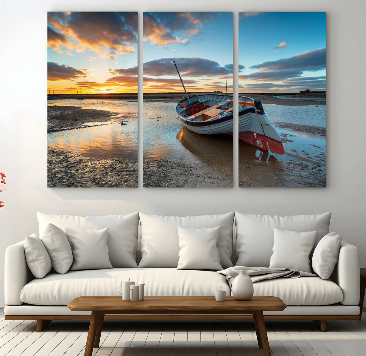 Small Boat At The Beach Sunset Wall Art, Boat Sunset Wall Art Canvas Print