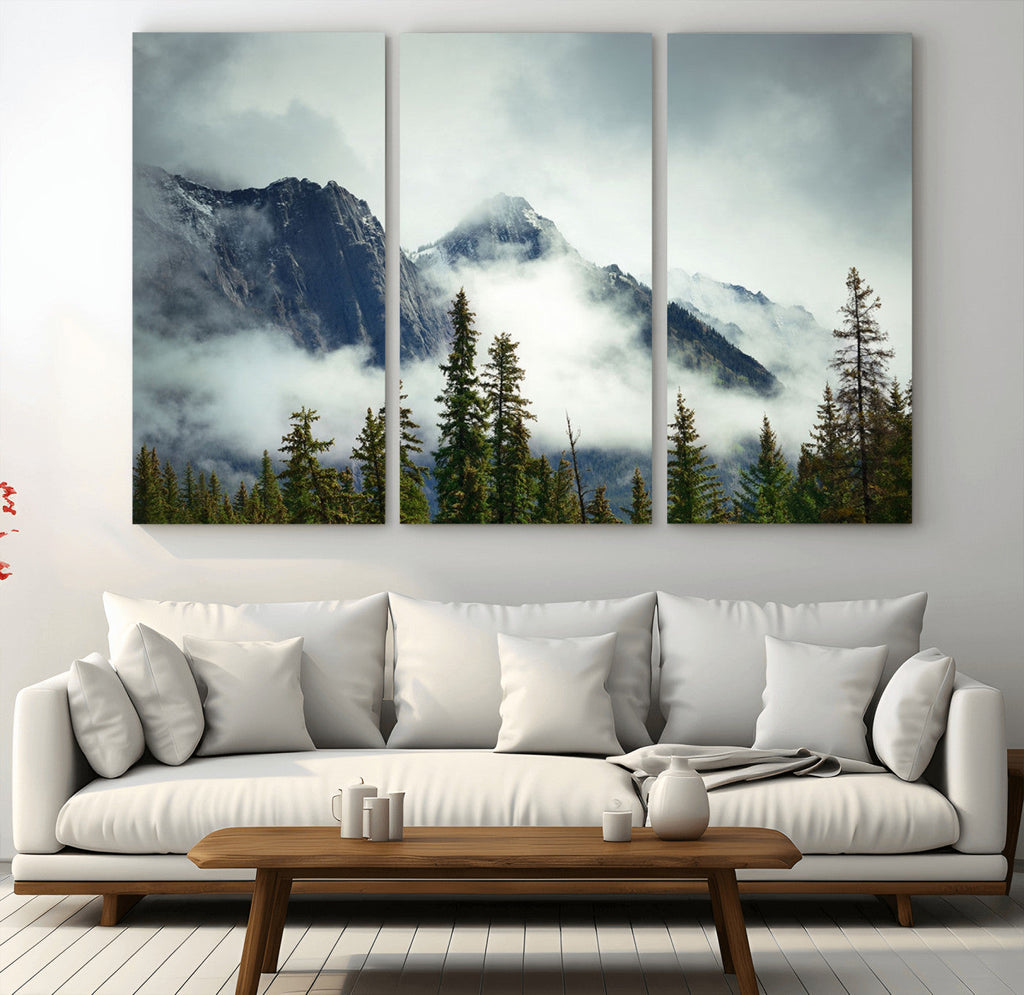Mountain Mist Canvas Wall Art Print | 3-Panel Foggy Forest and Mountain Landscape