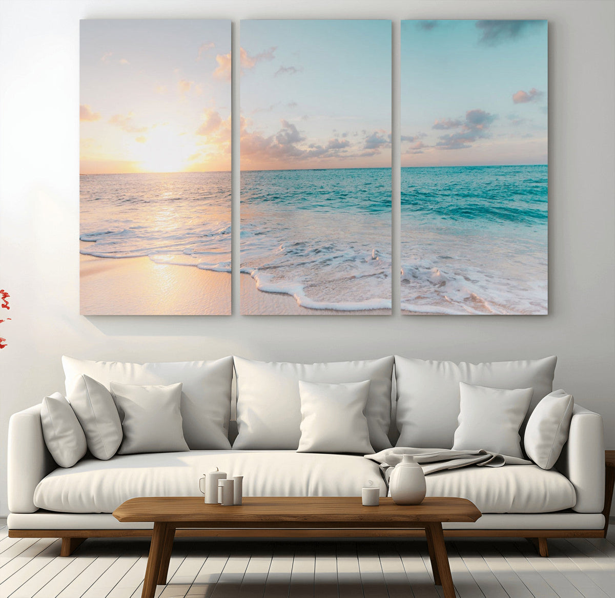 Tranquil Ocean Beach Sunset Canvas Wall Art | 3-Panel Coastal Decor