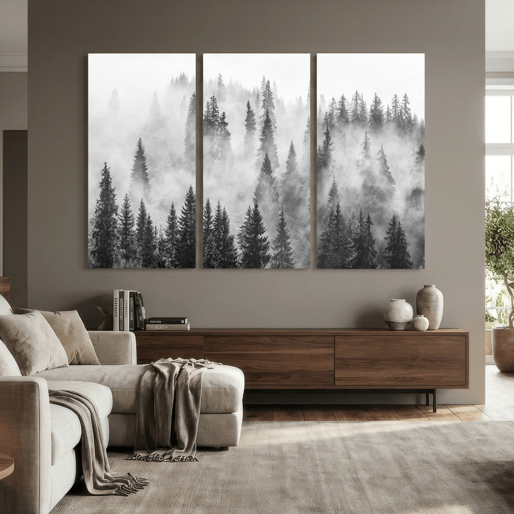 Forest Wall Art Print | Foggy Pine Forest Canvas Wall Art, Black and White Nature Decor